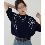 ニット セーター ライン刺繍ニット5分袖PO レディース