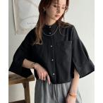 ブラウス シャツ 大人の上品トップス。バンドカラーワイドスリーブショート丈ストライプシャツ(半袖) レディース