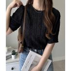tシャツ 5分袖ボリュームジャガードトップス レディース