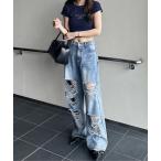 ジーンズ デニム デニムパンツ オリジナルパッチダメージワイドデニム レディース