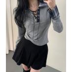 tシャツ Y2K  チェックレースアップ長袖Tシャツ レディース