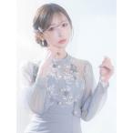 ドレス パステルフラワー刺繍ドッキングシアー長袖タイトミニドレス