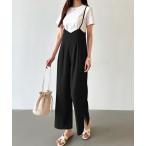 サロペット オーバーオール 「4色展開」 サロペットパンツ サイドスリット タック入り ワイドパンツ レディース