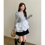 tシャツ バルーンフリルドッキングトップス レディース ペプラム ハリ素材 ダンボール 大人可愛い レディース
