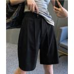 パンツ フロントボタン ダブルタック ハイウエスト ハーフ パンツ レディース