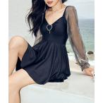 水着 レディース水着 シースルーハートビジュー袖ハイウエストフレアワンピ風オールインワン水着 「大きいサイズ有」 レディース