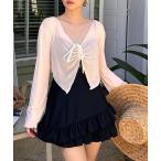 水着 レディース水着 長袖シアーリボンボレロ+ハイウエストティアードフリルワンピース風オールインワン水着 2点セット 「大きいサイズ有」 レディース