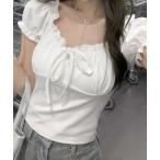 tシャツ オフショルフリルリボン半袖パフスリーブTシャツ レディース