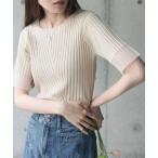 tシャツ シアー使い5分袖リブニットトップス レディース