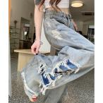 ジーンズ デニム デニムパンツ サイドハイダメージデニムワイドパンツ レディース