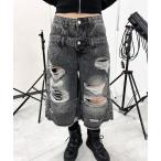 ジーンズ デニム デニムパンツ ダブルウエストクラッシュハーフパンツ レディース メンズ