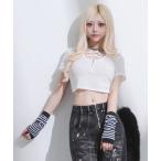 tシャツ リボン付ビジュージップ半袖クロップド丈半袖カットソー「大きいサイズ有」 レディース