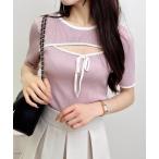 ショッピングセクシー ニット セーター リボン付配色デコルテオープン半袖ニット レディース