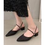 サンダル ツイード柄 シースルー ポインテッドトゥ ストラップ ミュール サンダル レディース