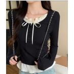 tシャツ カップ付き　レイヤード風フロントリボントップス レディース