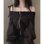 トレーナー スウェット 肩紐付き ジップアップ オフショルダートレーナー レディース