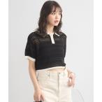 tシャツ キラキラボタン透かしニットポロ レディース