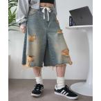 ショッピングハーフパンツ レディース ジーンズ デニム デニムパンツ WEGO/ヴィンテージウォッシュダメージバギーハーフパンツ レディース