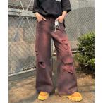 ジーンズ デニム デニムパンツ ピアス付きダメージバギーデニム レディース メンズ