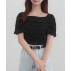 tシャツ オフショル風スクエアネックドレープリブカットソー レディース