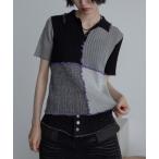 tシャツ パッチワーク透かし編みポロトップス レディース