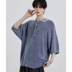 セーター ニット ピグメント加工片畦半袖襟付きヘンリーネックニット メンズ レディース