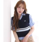 ベスト ジレ ワンポイント刺しゅうラインニットベスト レディース
