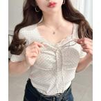 tシャツ 無地＆ドット＆花柄プリントフロントレース半袖ギャザーリボントップス レディース