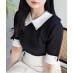 ニット セーター 配色襟五分袖ニットトップス「オフィスカジュアル 大人 フェミニン 春ニット」「SS新作」 レディース