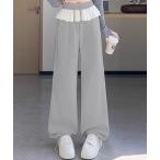 ワイドパンツ スウェットパンツ ジャージ 「大きいサイズ有/ドローコード付き」旬の韓国っぽ。ウエストレースレイヤード風スウェットワイドパンツ レディ…