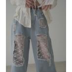 ジーンズ デニム デニムパンツ Lace repaired damaged wide straight denim pants / レースリペアダメー