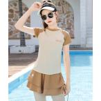 水着 キッズ水着 半袖バイカラー配色ラッシュガードトップス+ショートパンツ+ティアードフリルリボンスカート 3点セット キッズ 子供 女の子