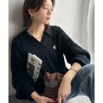 ニット セーター ”品よく華やぐ”。大人のマストバイニット。胸刺繍ケーブル編みポロ襟スキッパーニット レディース