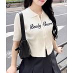 ニット セーター 襟付フロントロゴ刺繍半袖ジップニットカーディガン レディース