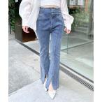 ジーンズ デニム デニムパンツ メタル付フロントスリットハイウエストフレアパンツ レディース