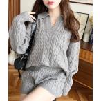 ワンピース 「セットアップ」ケーブル編みポロ&ショートパンツセットアップニット