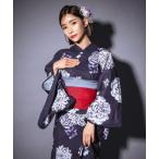 浴衣 濃紺地×菊牡丹ゆかた3点セット (浴衣+作り帯+下駄) レディース