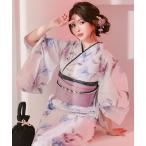 浴衣 白地×2色水彩フラワー ゆかた3点セット (浴衣+作り帯+下駄) レディース