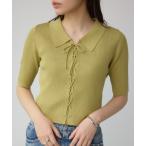 ニット セーター レースアップ5分袖ポロカラーニット レディース