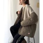 ジャケット ノーカラージャケット 「JaVaジャバコラボ」軽くて暖かい、旬顔ボア切替♪ノーカラーひょうたんキルティングコート レディース