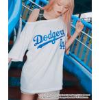 tシャツ ∴WEGO/「25年春夏新作」 グリッター ロゴ MLB別注オフショルビッグT レディース