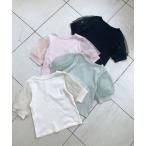 tシャツ パールチュールスリーブトップス レディース