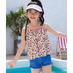 水着 キッズ水着 レトロ小花柄フレアデニム風フリルタンキニ 上下2点セット キッズ 子供 女の子
