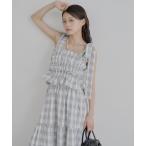 ワンピース 「マルチway」アシメ紐デザインチェック柄シャーリングロングワンピース