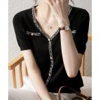 ニット セーター パールボタン付きパイピングVネック半袖サマーニット レディース