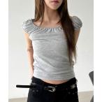 tシャツ 「オフショルダー/ワンショルダー」スクエア シャーリング クロップド パフスリーブ 半袖 Tシャツ レディース