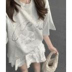 tシャツ 「秋SALE」前プリントリボン半袖Tシャツ レディース