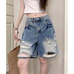 ジーンズ デニム デニムパンツ 「CANVAS+」膝ダメージルーズデニムハーフパンツ レディース