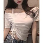 tシャツ オフショルダードロストリング半袖Tシャツ レディース