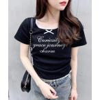 tシャツ サイドギャザーリボン付ロゴレースリブトップス レディース